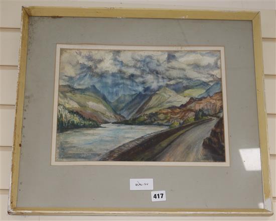 Kathleen Laurie, watercolour, Blue storm over Snowdon from Lanberis Pass, signed, 28 x 37cm